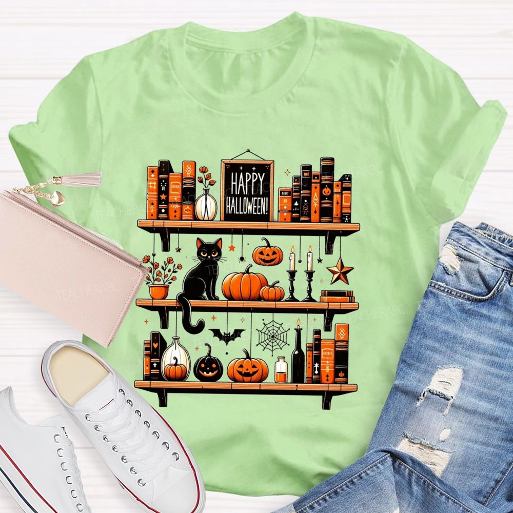 Happy Halloween Bookshelf Black Cat Pumpkin Librarian T-shirt
