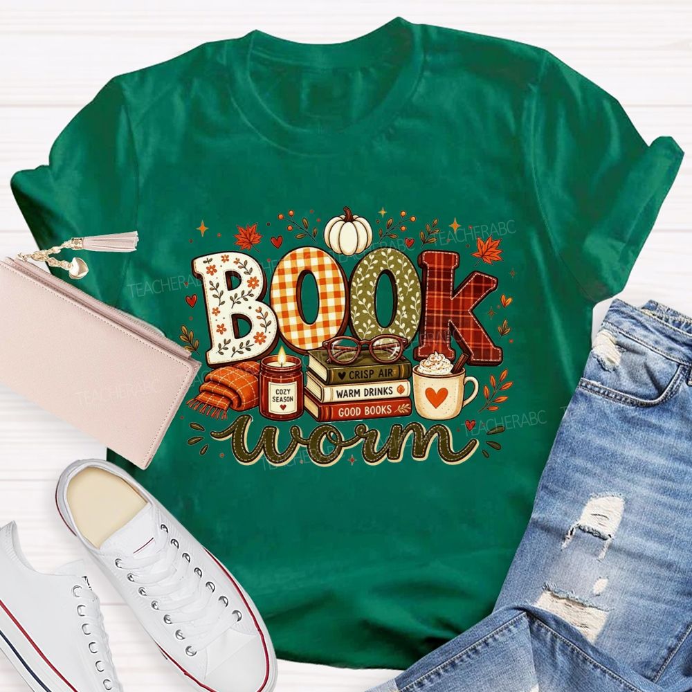 Bookworm Cozy Season Crisp Air Warm Drinks Good Books Teacher T-shirt