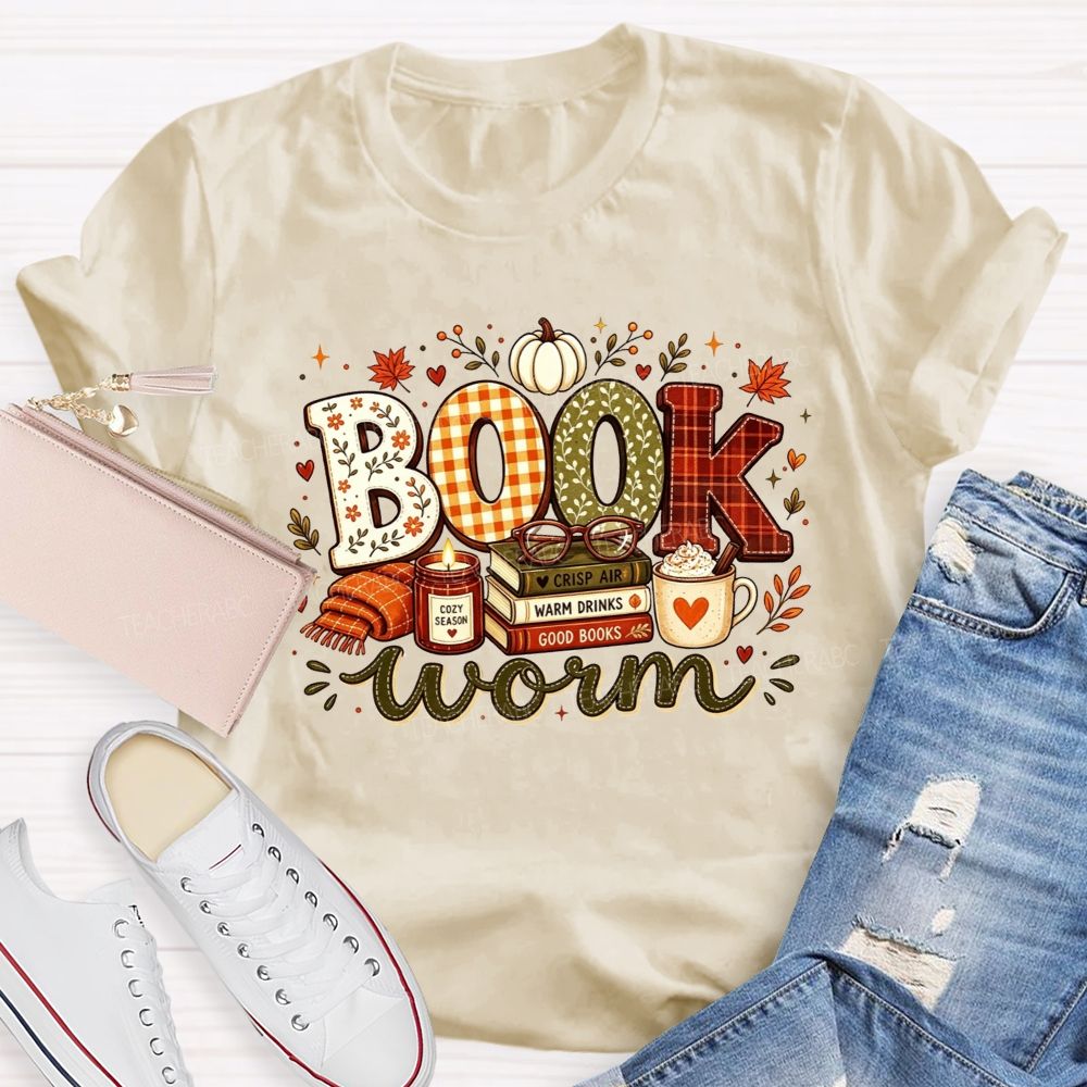 Bookworm Cozy Season Crisp Air Warm Drinks Good Books Teacher T-shirt