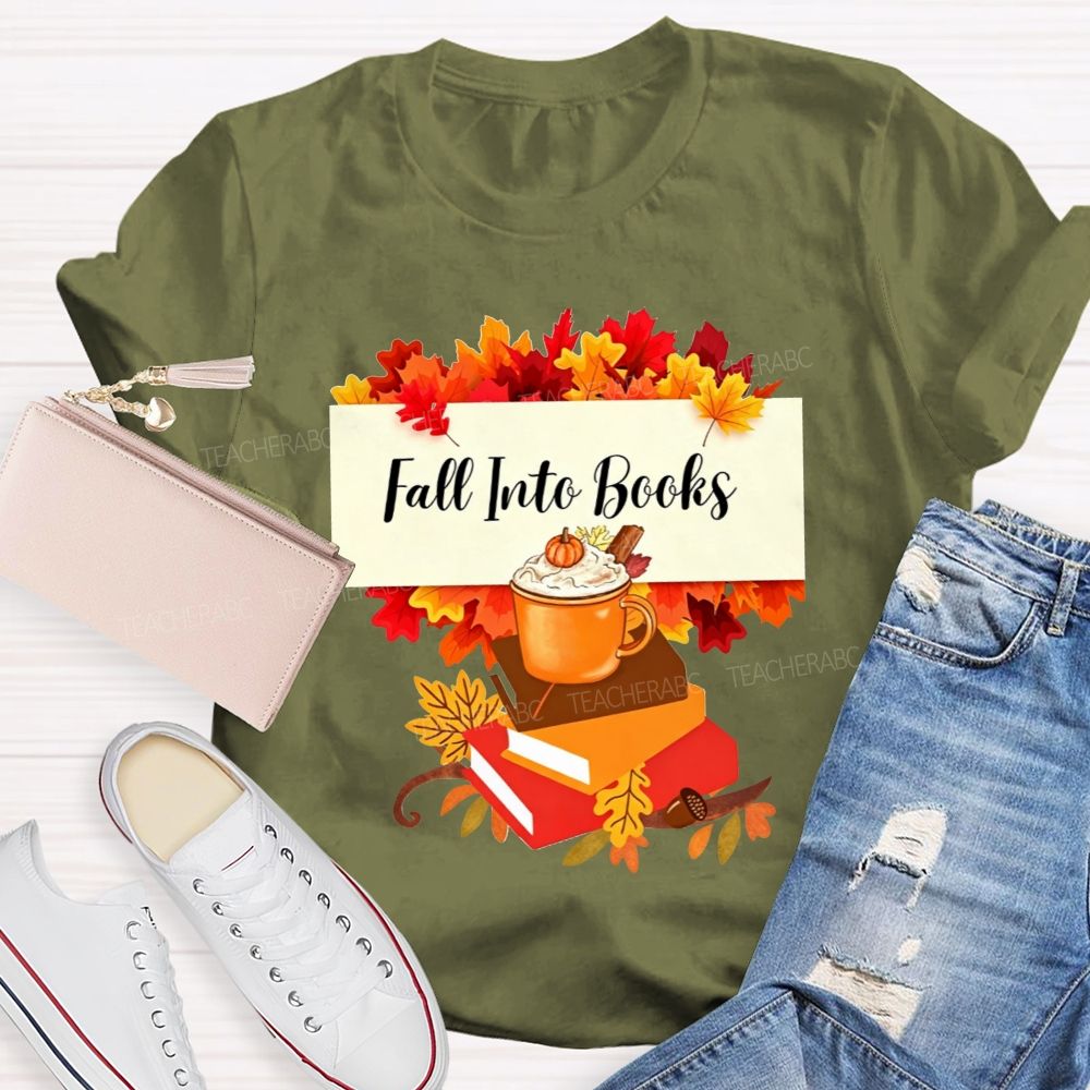 Fall Into Books Maple Leaf Pumpkin Latte Book Lover T-shirt