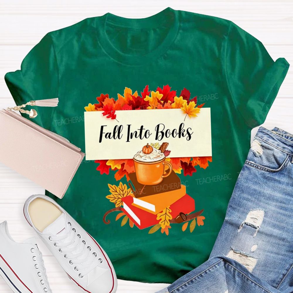 Fall Into Books Maple Leaf Pumpkin Latte Book Lover T-shirt