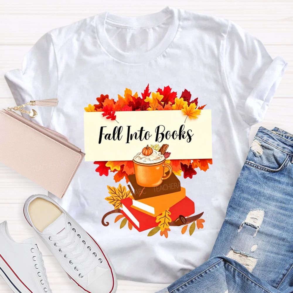 Fall Into Books Maple Leaf Pumpkin Latte Book Lover T-shirt