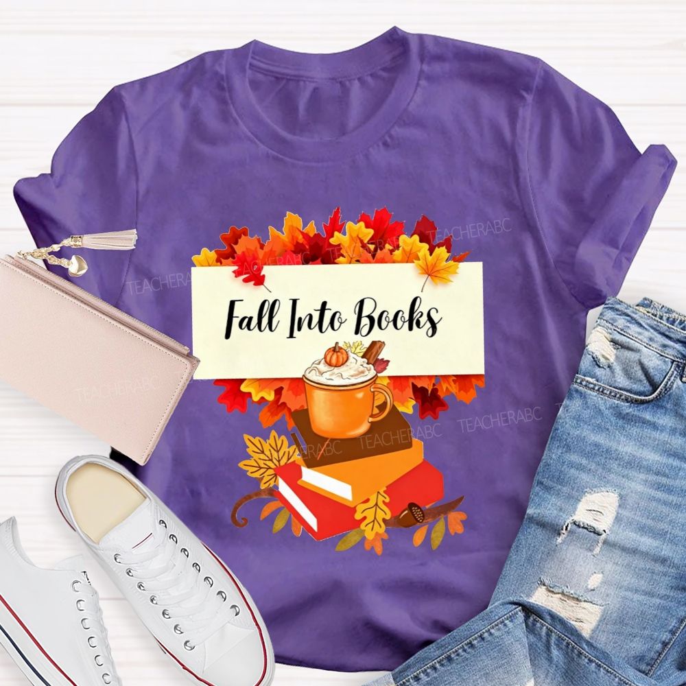 Fall Into Books Maple Leaf Pumpkin Latte Book Lover T-shirt