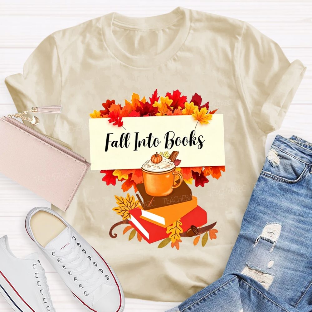 Fall Into Books Maple Leaf Pumpkin Latte Book Lover T-shirt