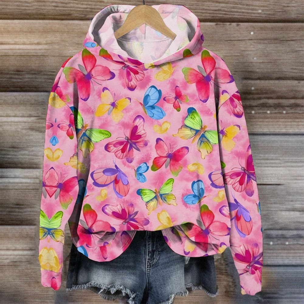 Watercolor Colorful Butterfly Print Pink Hoodie