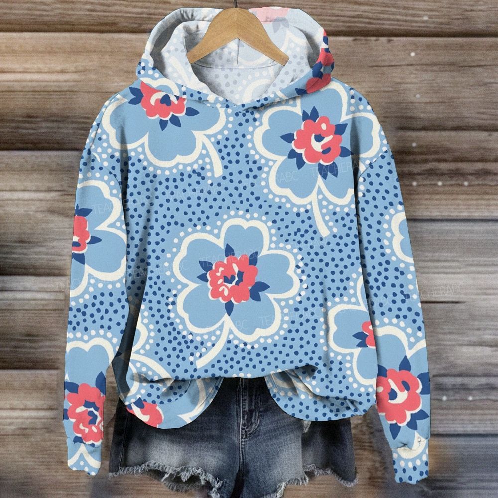 Retro Large Flower Navy Dots Printed Hoodie