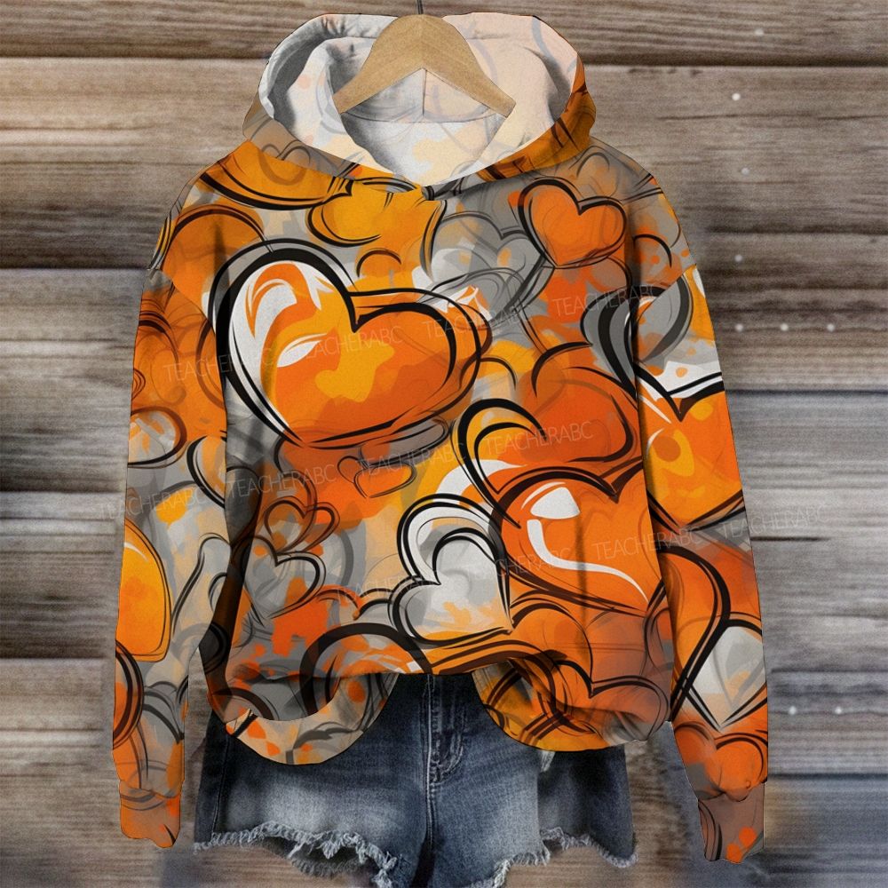 Background Sketch Line Orange Hearts Hoodie
