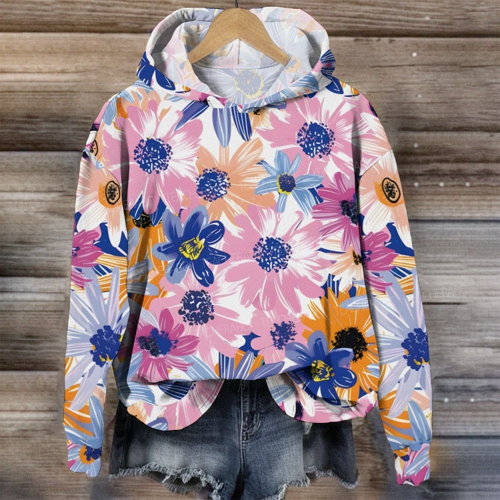 Multicolor Pink Blue Orange Hand Drawn Floral Hoodie