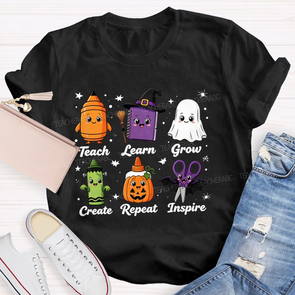 Teach Learn Grow Create Repeat Inspire Teacher Halloween T-shirt