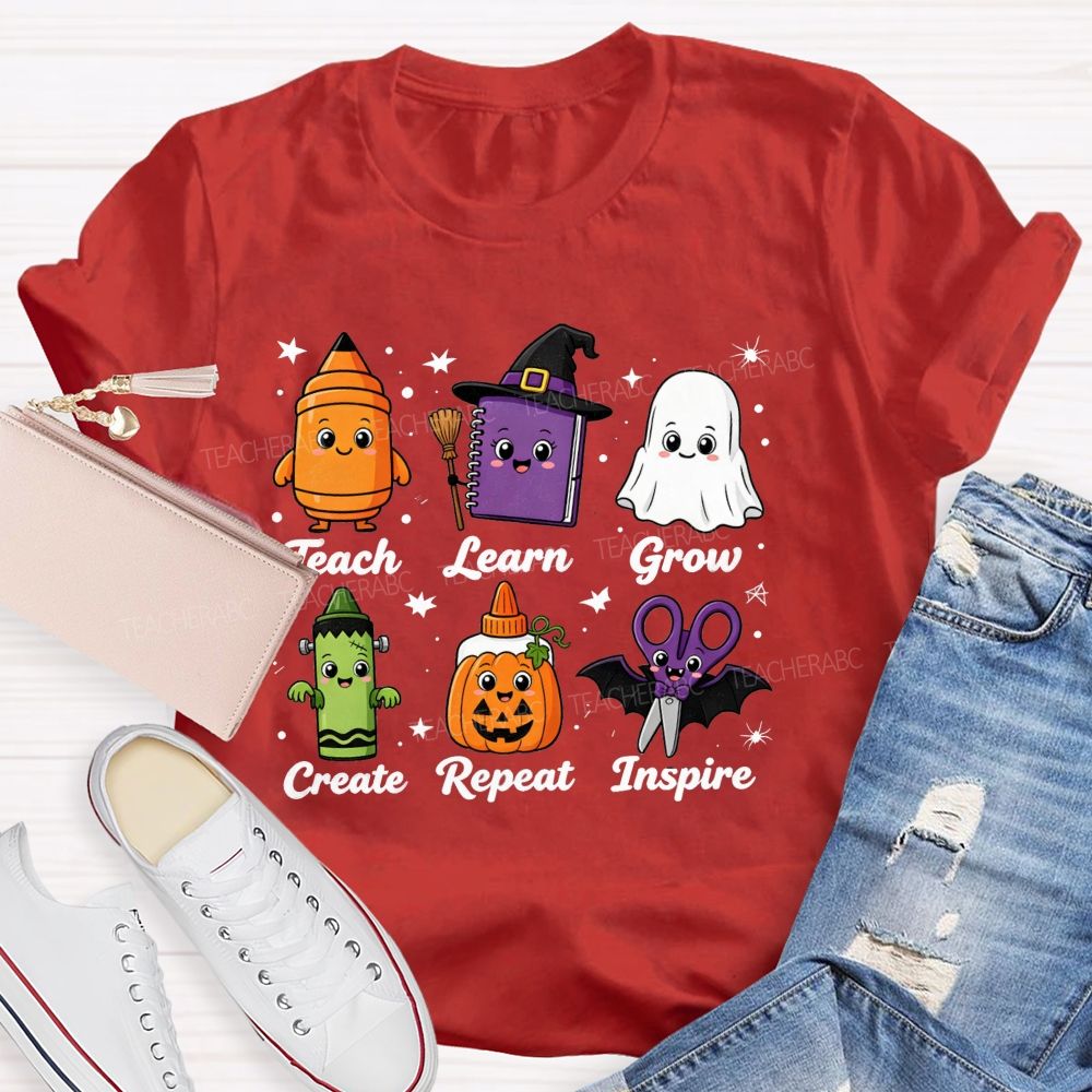 Teach Learn Grow Create Repeat Inspire Teacher Halloween T-shirt