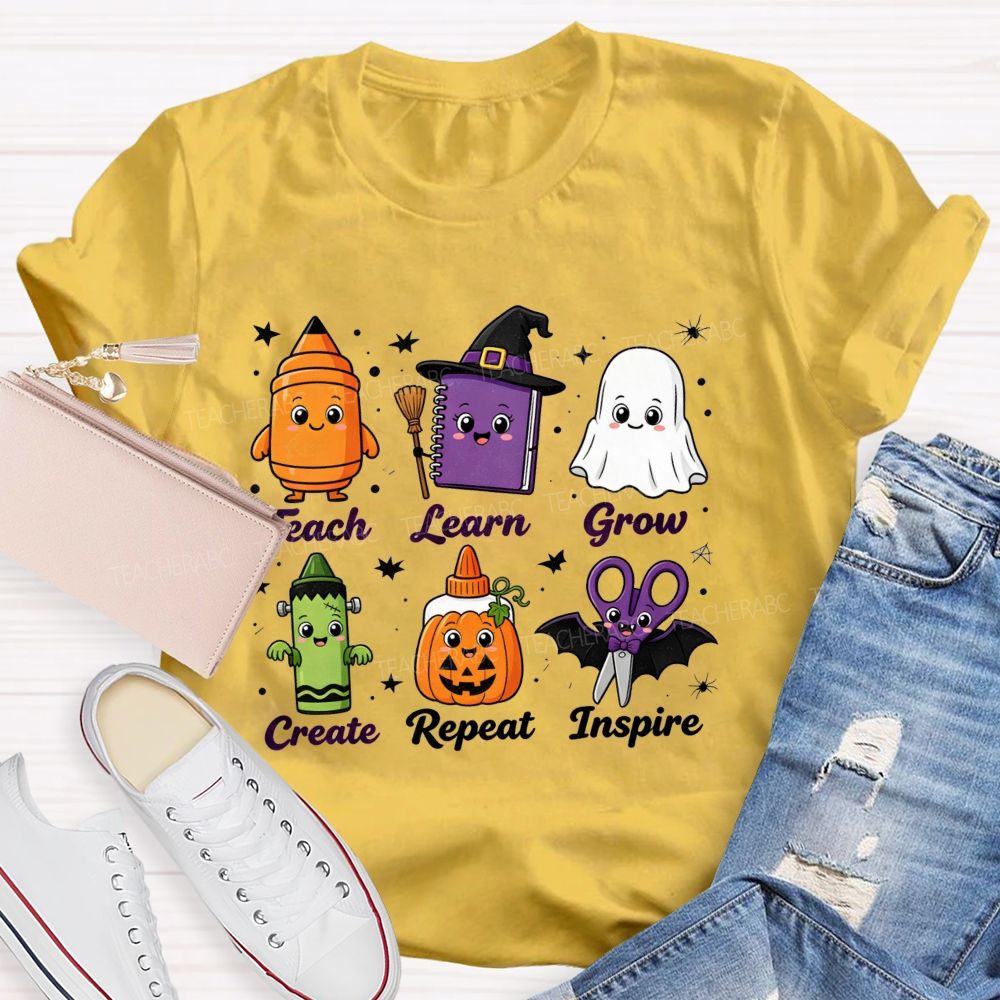 Teach Learn Grow Create Repeat Inspire Teacher Halloween T-shirt