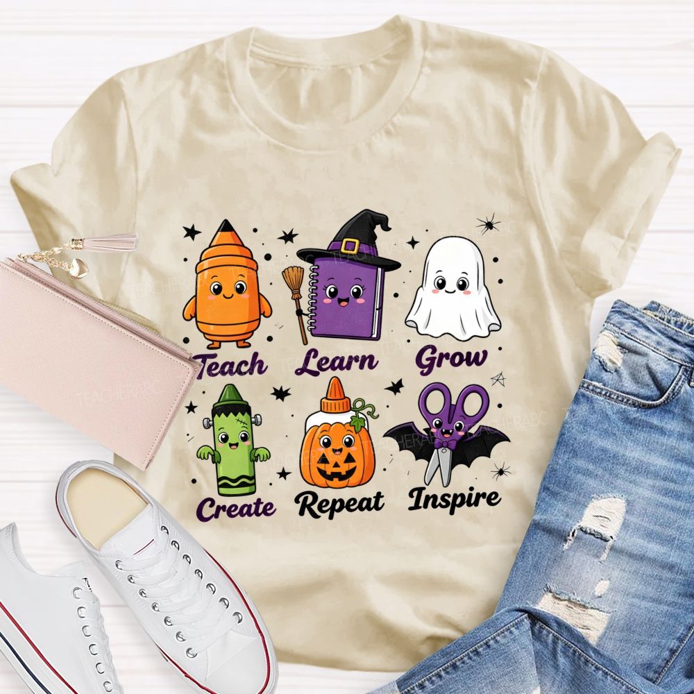 Teach Learn Grow Create Repeat Inspire Teacher Halloween T-shirt