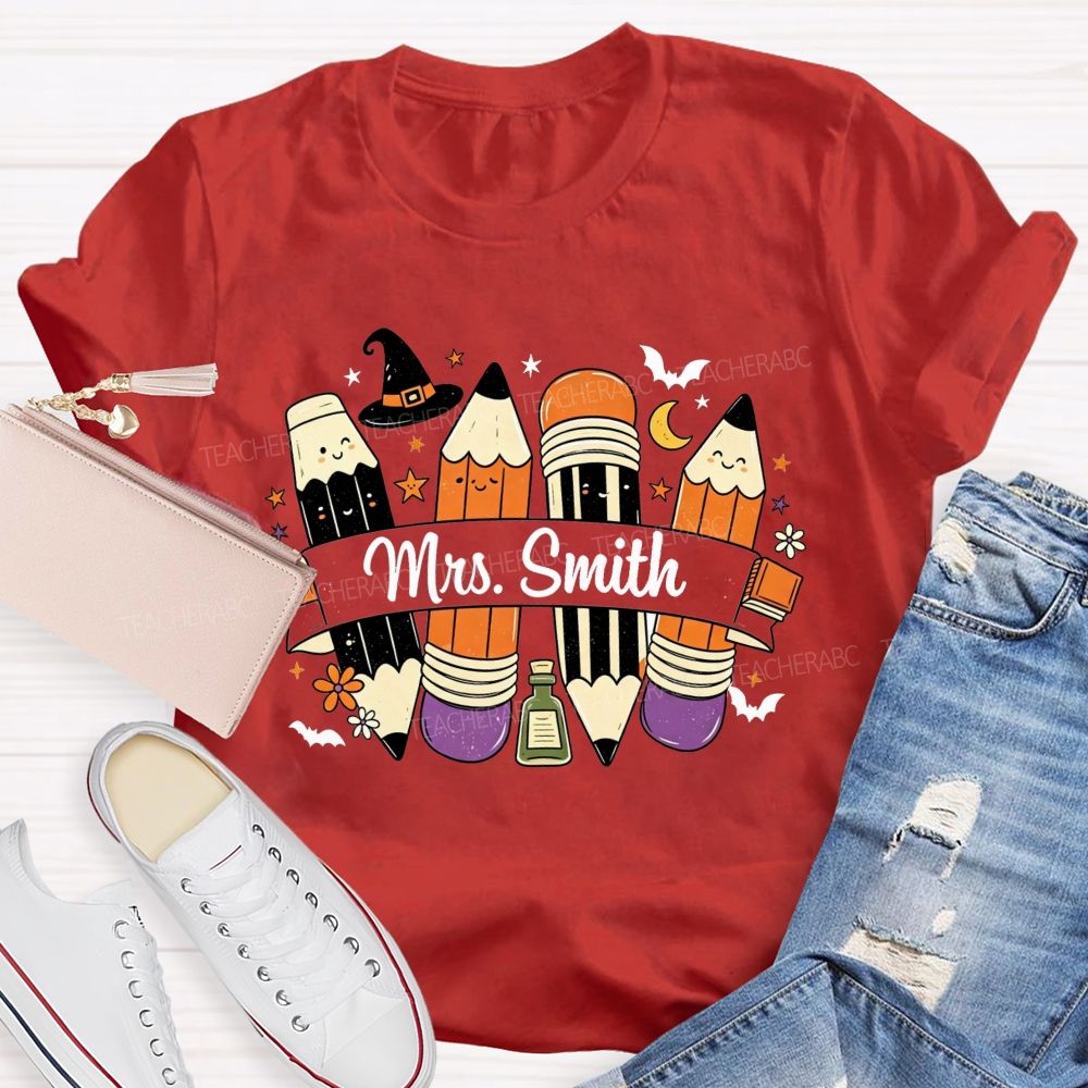 Personalized Name Spooky Pencils And Teacher Vibes T-shirt