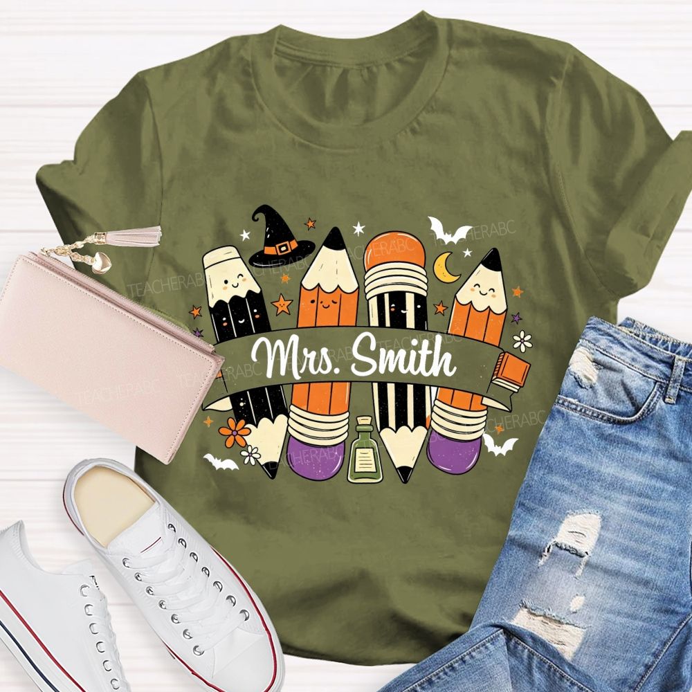 Personalized Name Spooky Pencils And Teacher Vibes T-shirt