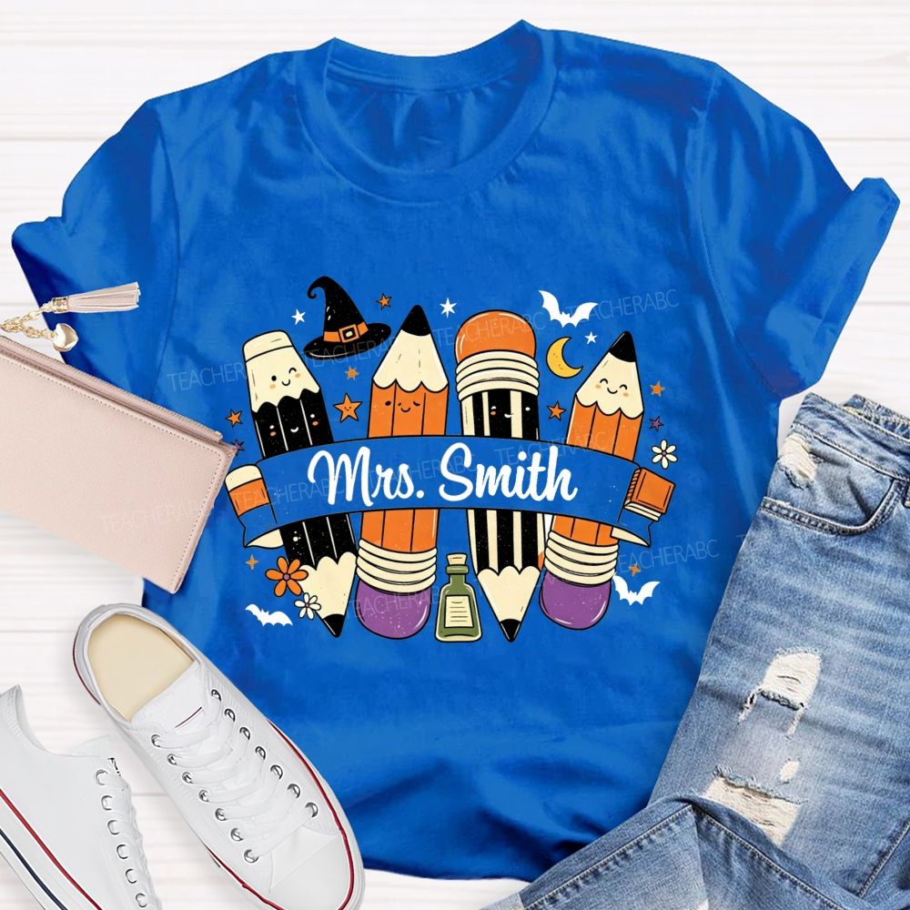 Personalized Name Spooky Pencils And Teacher Vibes T-shirt