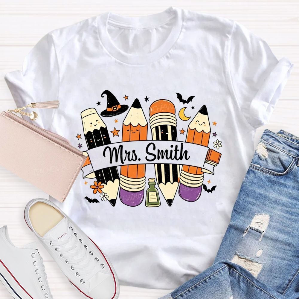 Personalized Name Spooky Pencils And Teacher Vibes T-shirt