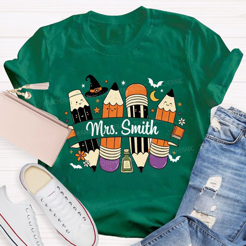 Personalized Name Spooky Pencils And Teacher Vibes T-shirt