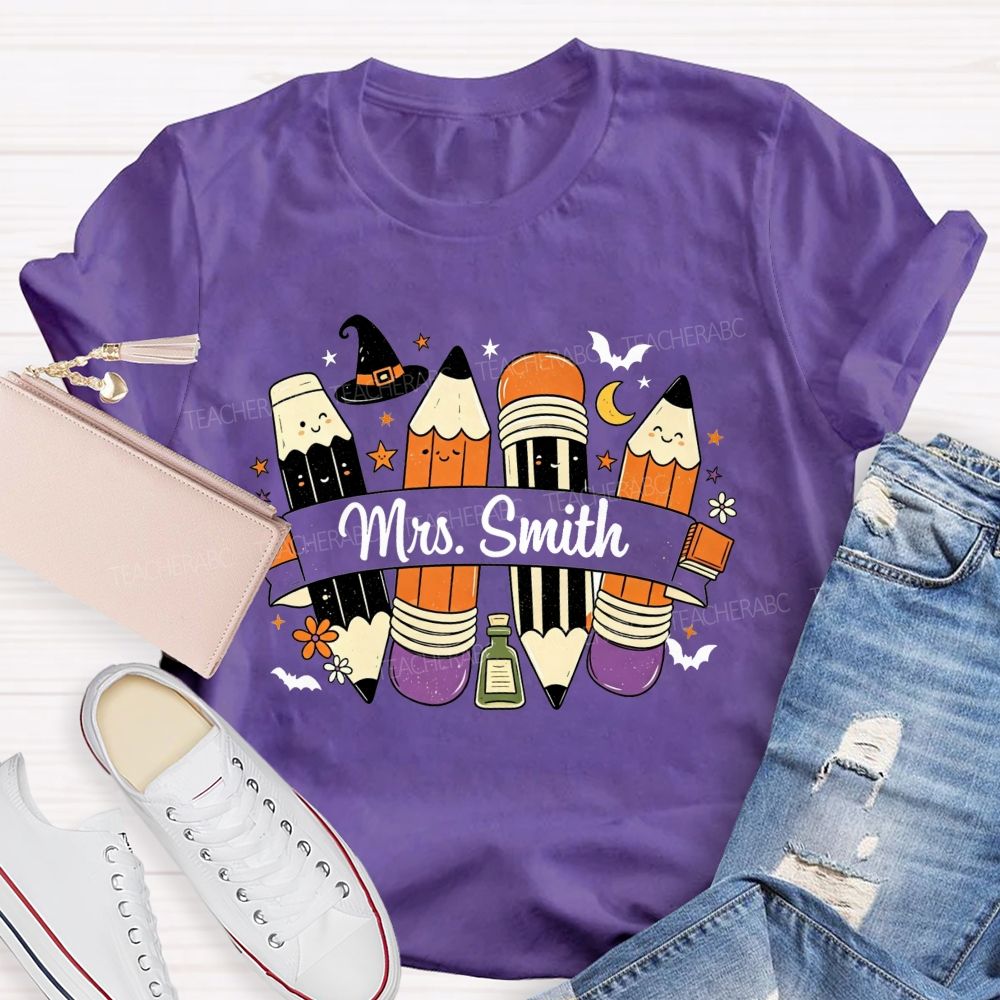 Personalized Name Spooky Pencils And Teacher Vibes T-shirt