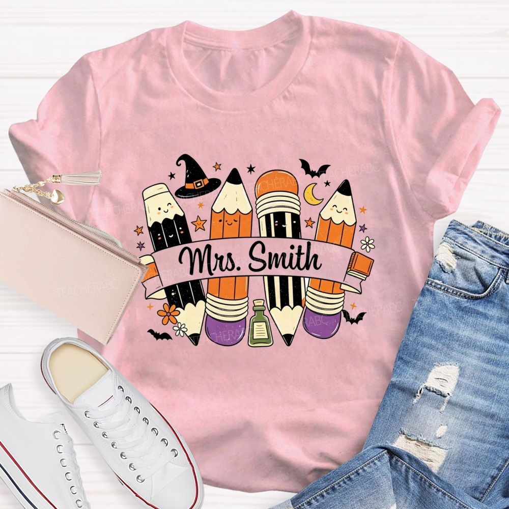 Personalized Name Spooky Pencils And Teacher Vibes T-shirt