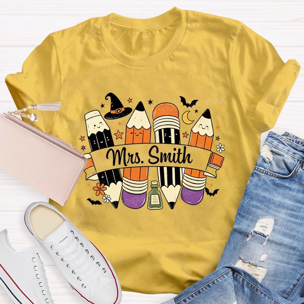 Personalized Name Spooky Pencils And Teacher Vibes T-shirt
