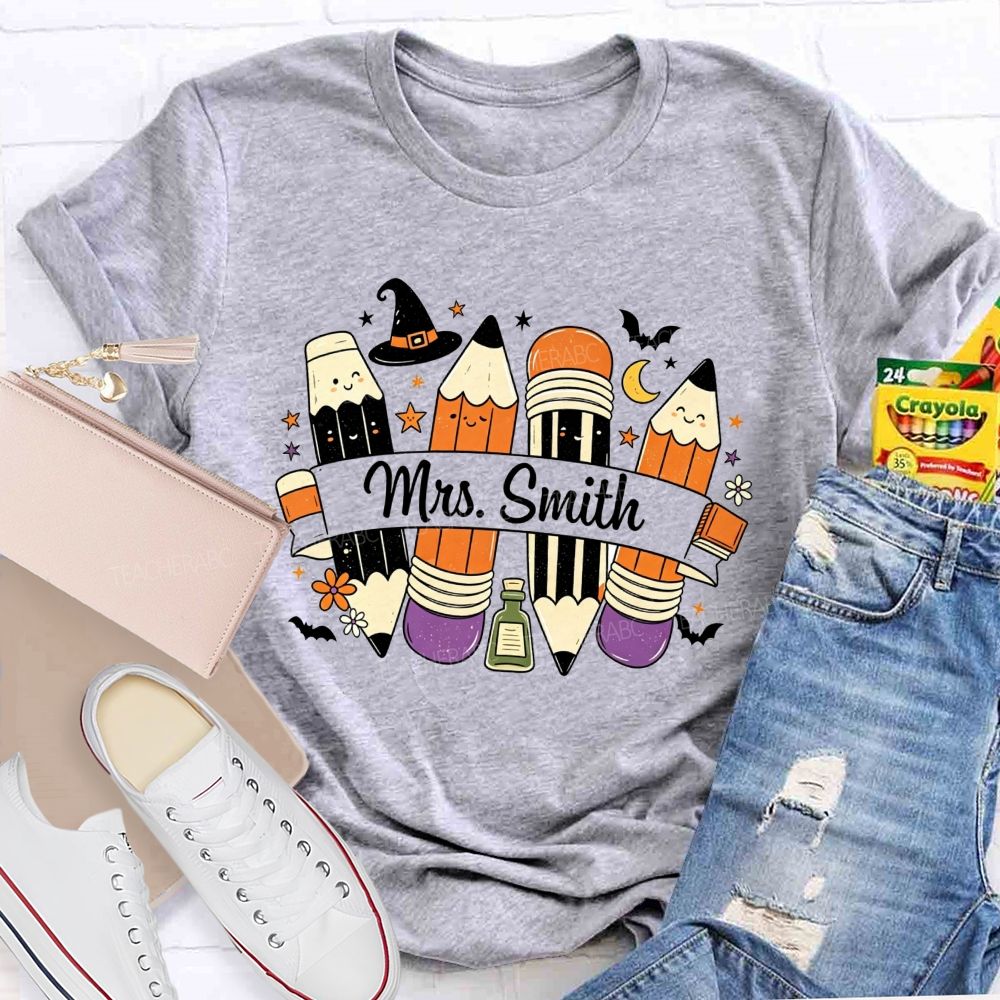 Personalized Name Spooky Pencils And Teacher Vibes T-shirt