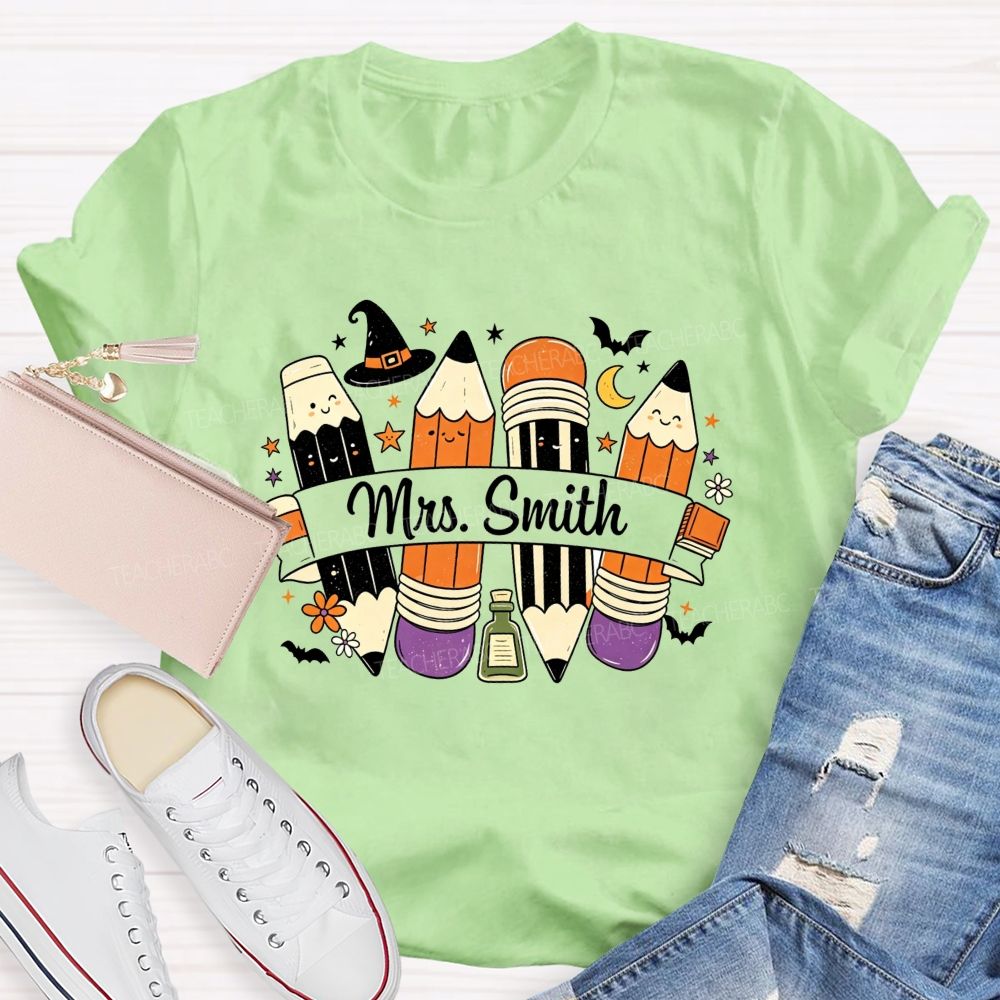 Personalized Name Spooky Pencils And Teacher Vibes T-shirt