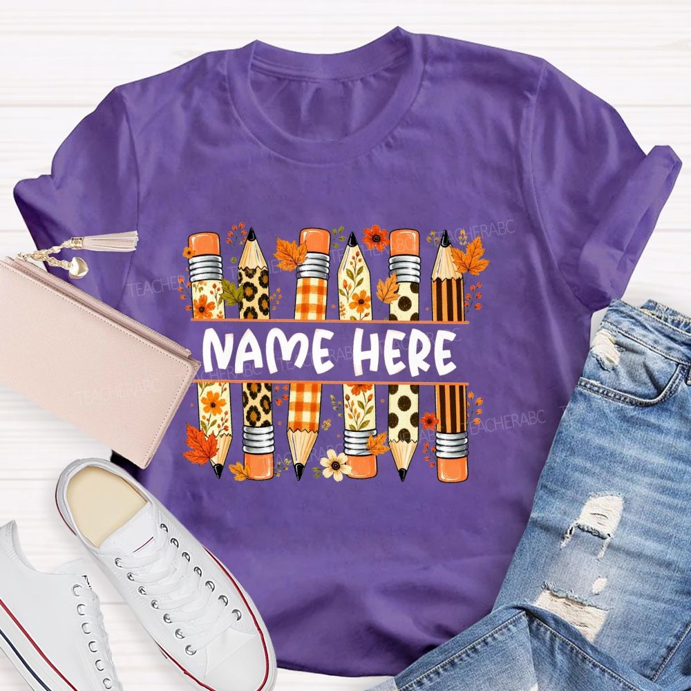 Personalized Name Leopard Plaid Floral Pencil Fall Teacher T-shirt