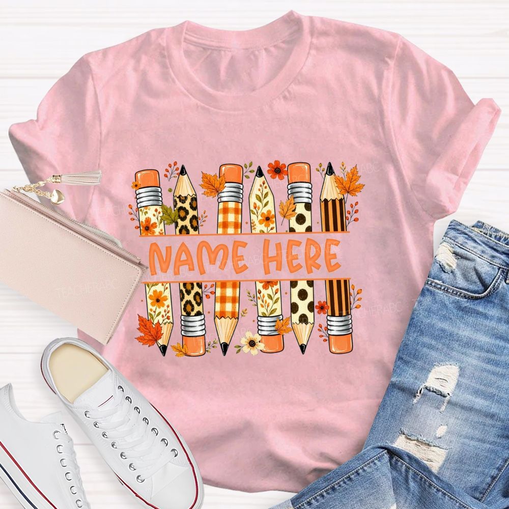 Personalized Name Leopard Plaid Floral Pencil Fall Teacher T-shirt