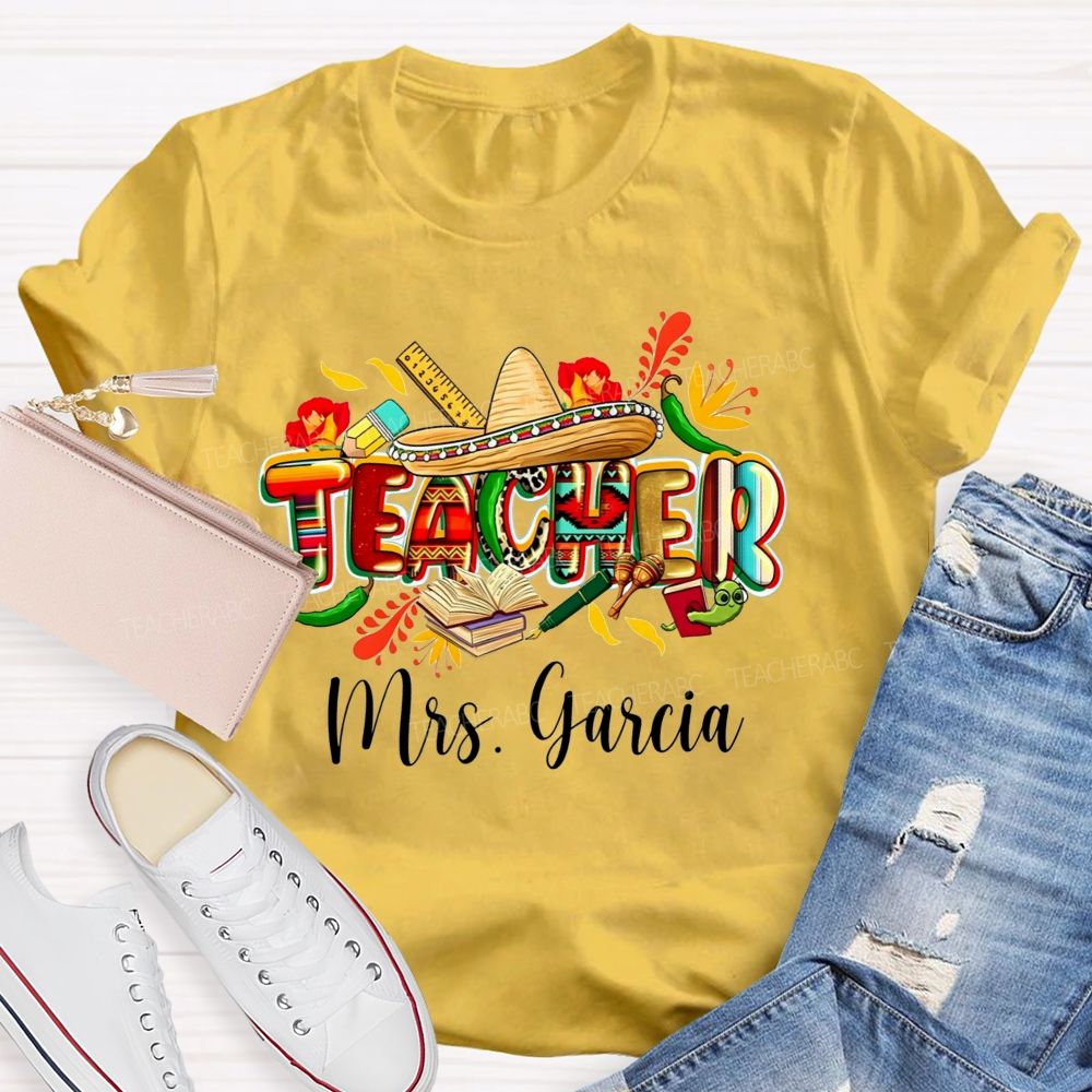 Personalized Name Spanish Teacher Life Mexican Fiesta Vibes Teacher T-shirt