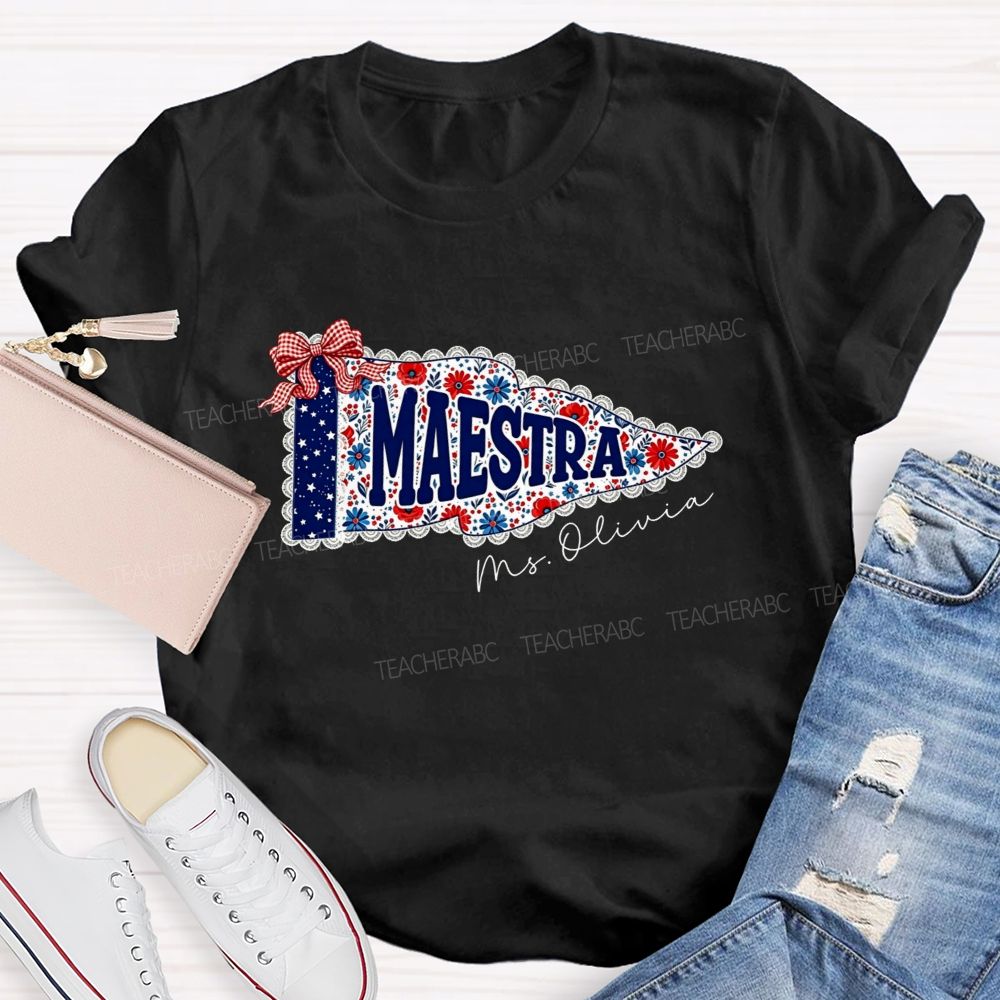 Personalized Name Maestra Floral Pennant Spanish Female Teacher T-shirt