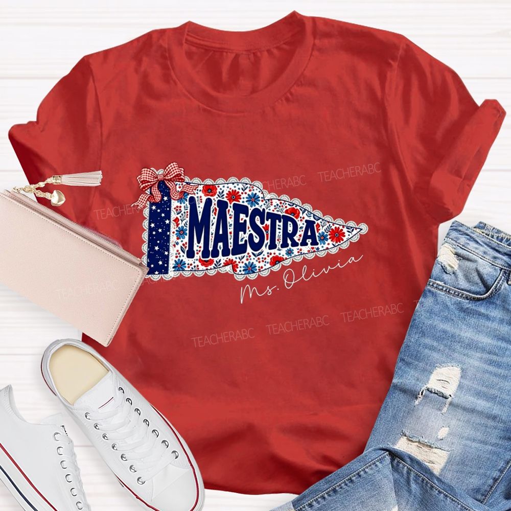 Personalized Name Maestra Floral Pennant Spanish Female Teacher T-shirt