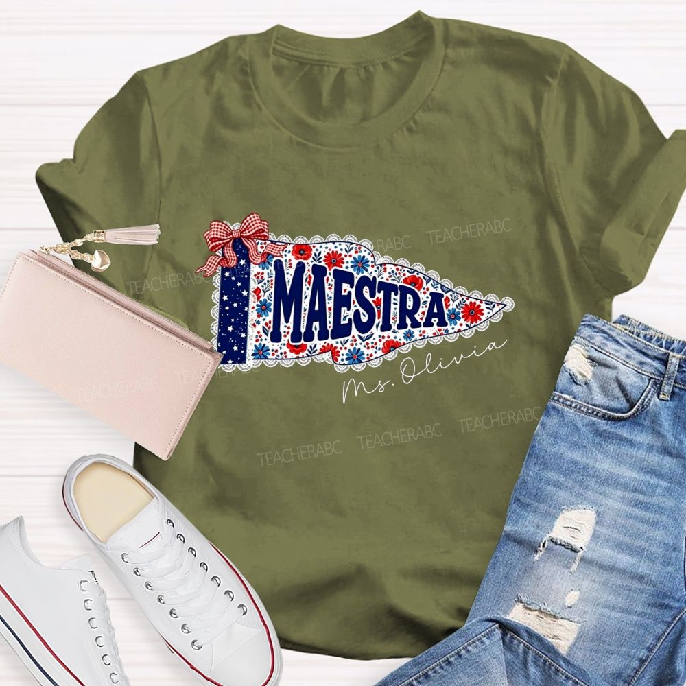 Personalized Name Maestra Floral Pennant Spanish Female Teacher T-shirt