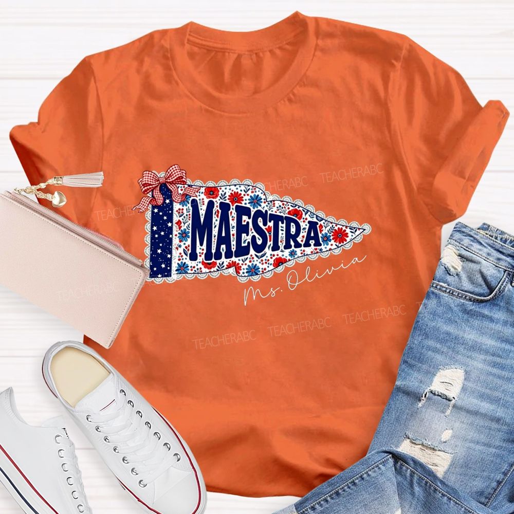 Personalized Name Maestra Floral Pennant Spanish Female Teacher T-shirt