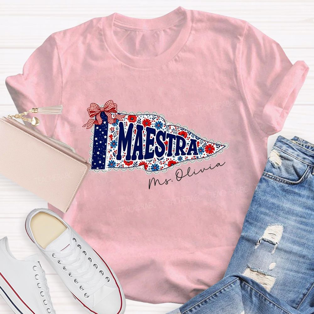 Personalized Name Maestra Floral Pennant Spanish Female Teacher T-shirt