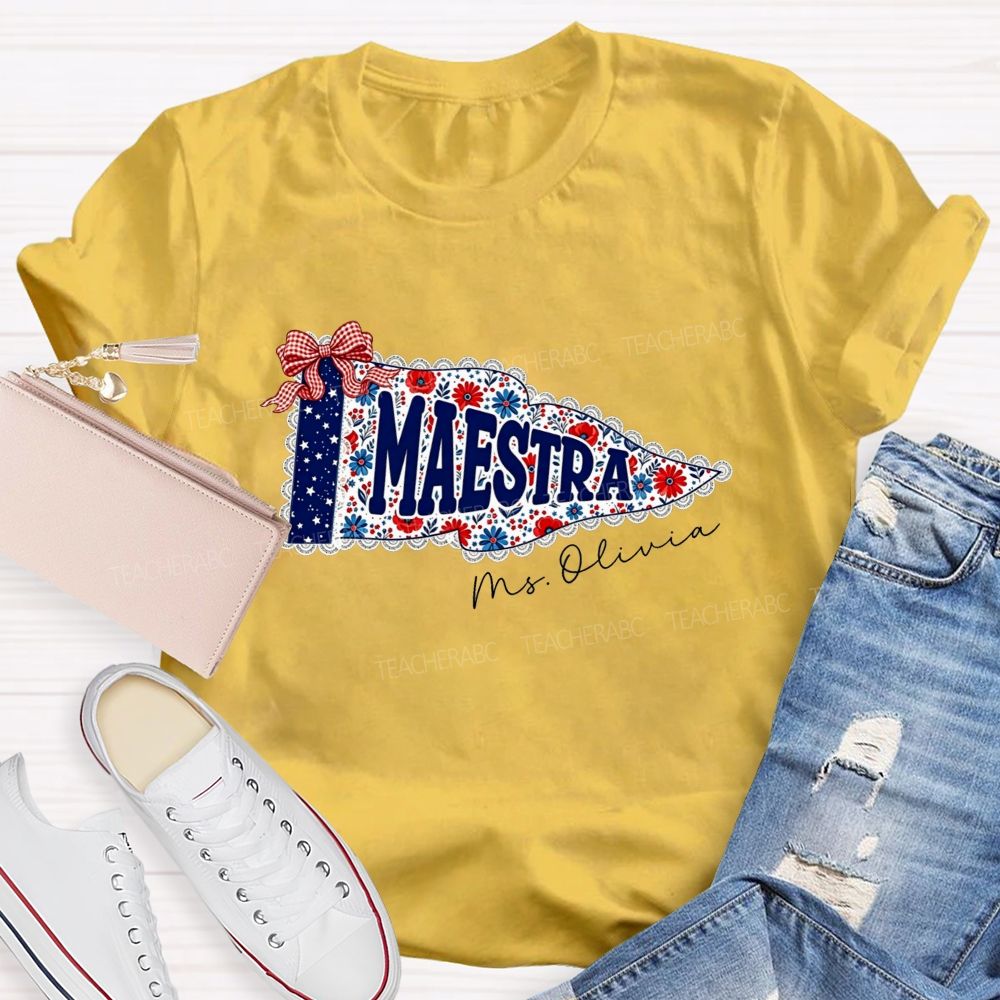 Personalized Name Maestra Floral Pennant Spanish Female Teacher T-shirt