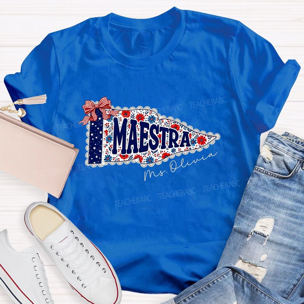 Personalized Name Maestra Floral Pennant Spanish Female Teacher T-shirt