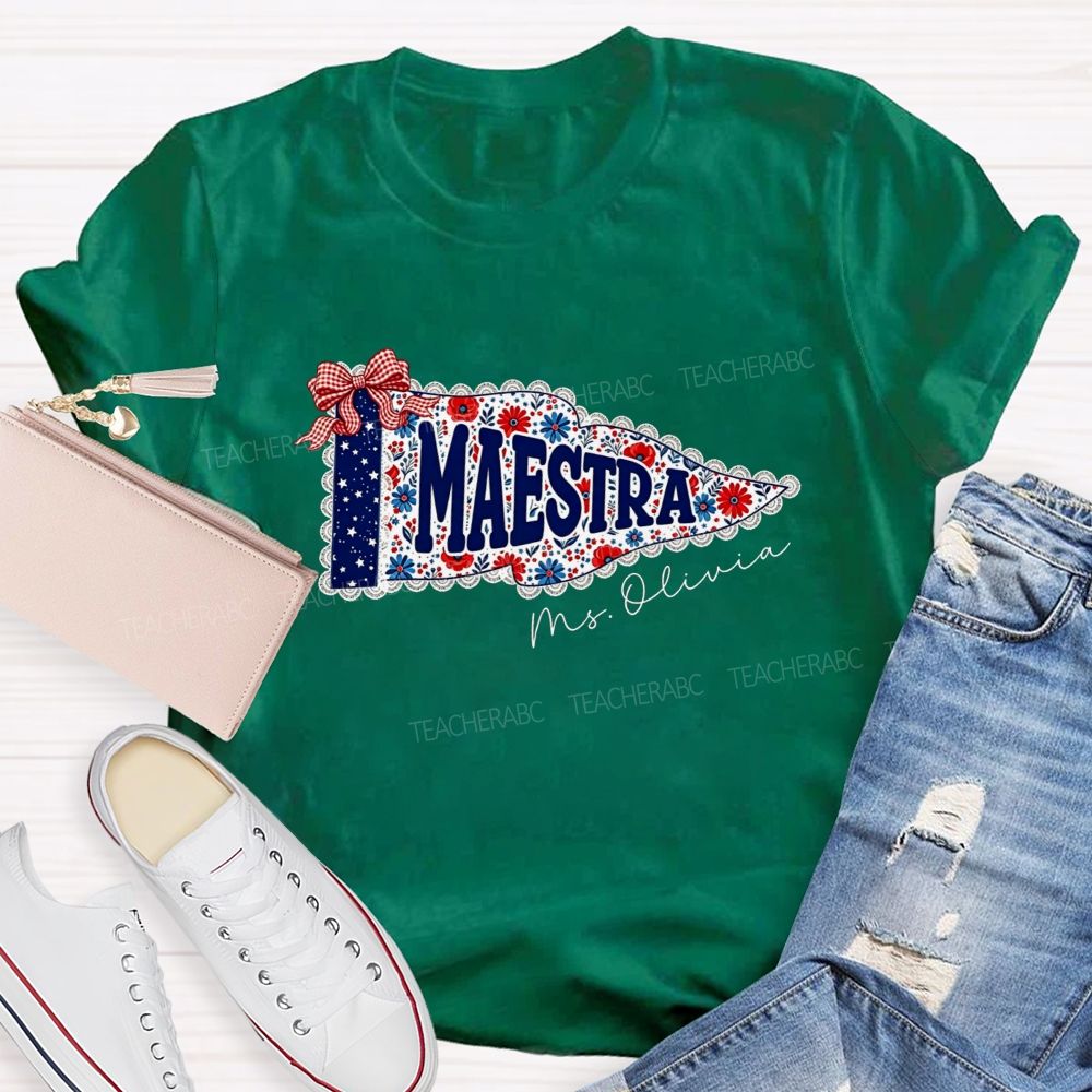 Personalized Name Maestra Floral Pennant Spanish Female Teacher T-shirt