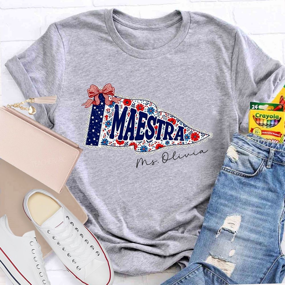 Personalized Name Maestra Floral Pennant Spanish Female Teacher T-shirt