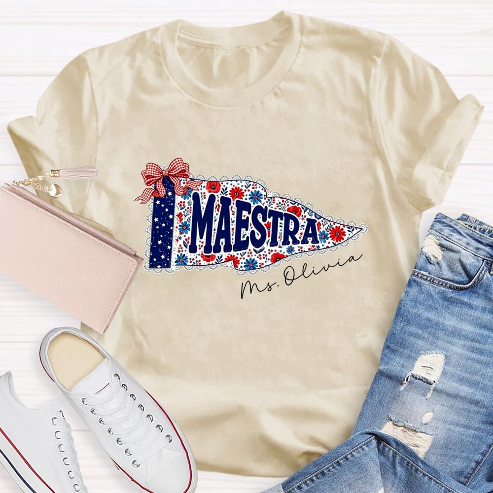 Personalized Name Maestra Floral Pennant Spanish Female Teacher T-shirt