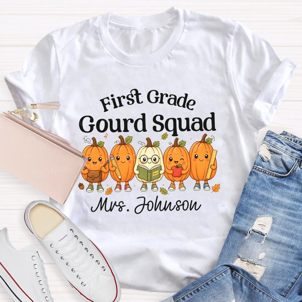 Personalized Name And Grade Gourd Squad Fall Pumpkin Teacher T-shirt