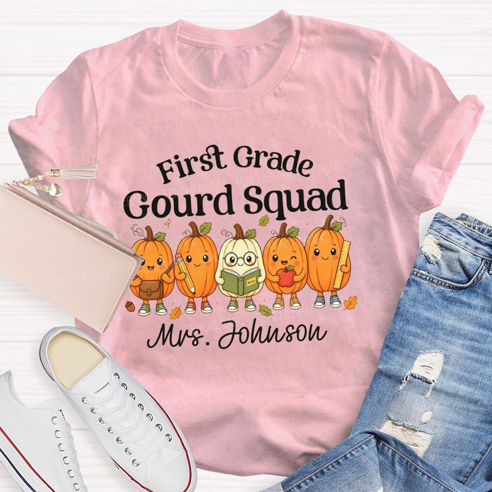 Personalized Name And Grade Gourd Squad Fall Pumpkin Teacher T-shirt