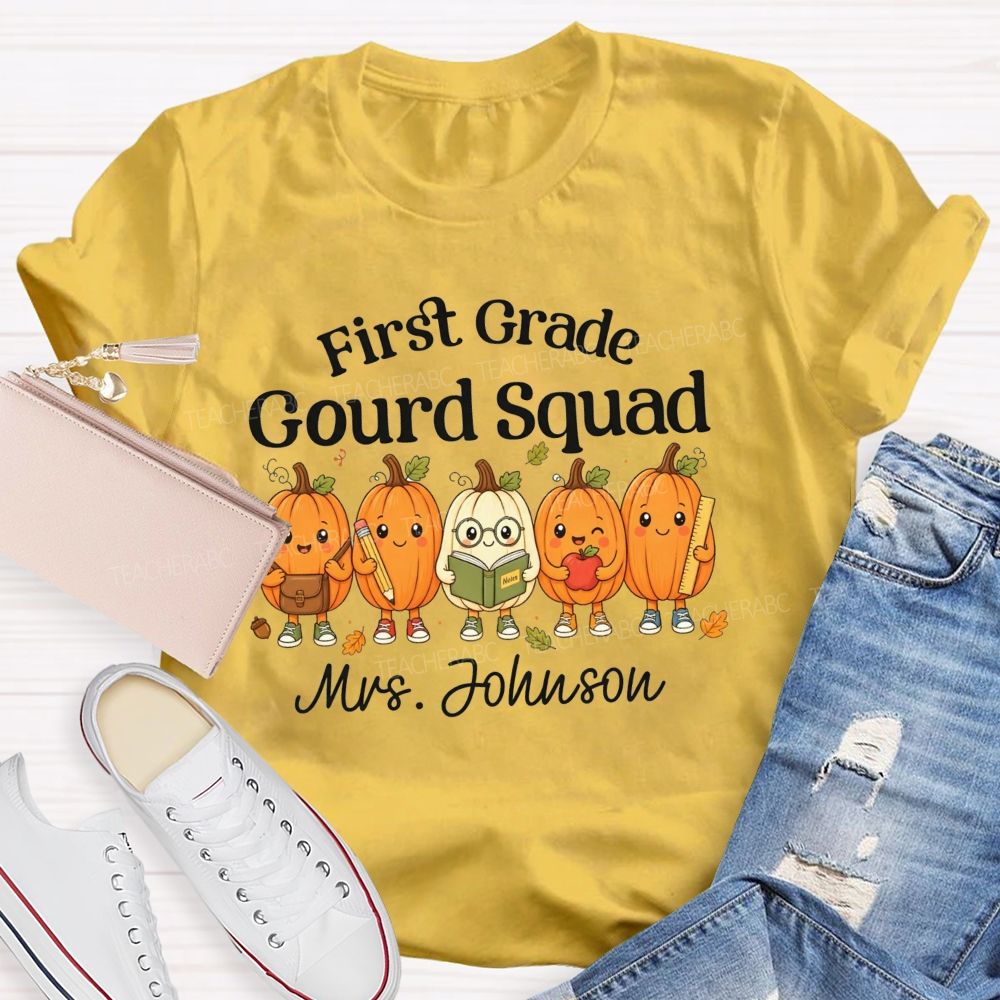 Personalized Name And Grade Gourd Squad Fall Pumpkin Teacher T-shirt