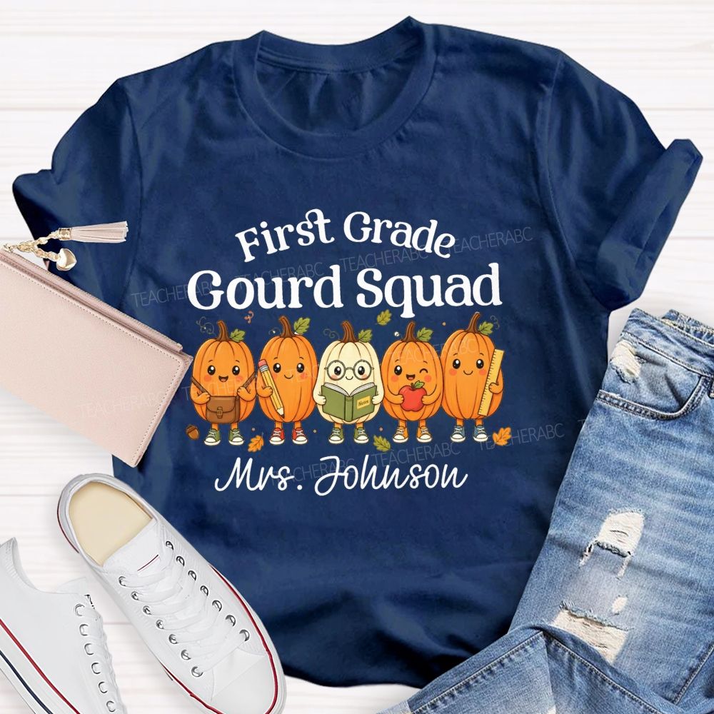 Personalized Name And Grade Gourd Squad Fall Pumpkin Teacher T-shirt