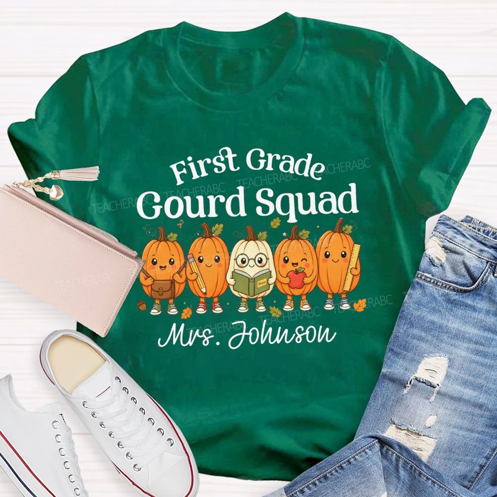 Personalized Name And Grade Gourd Squad Fall Pumpkin Teacher T-shirt
