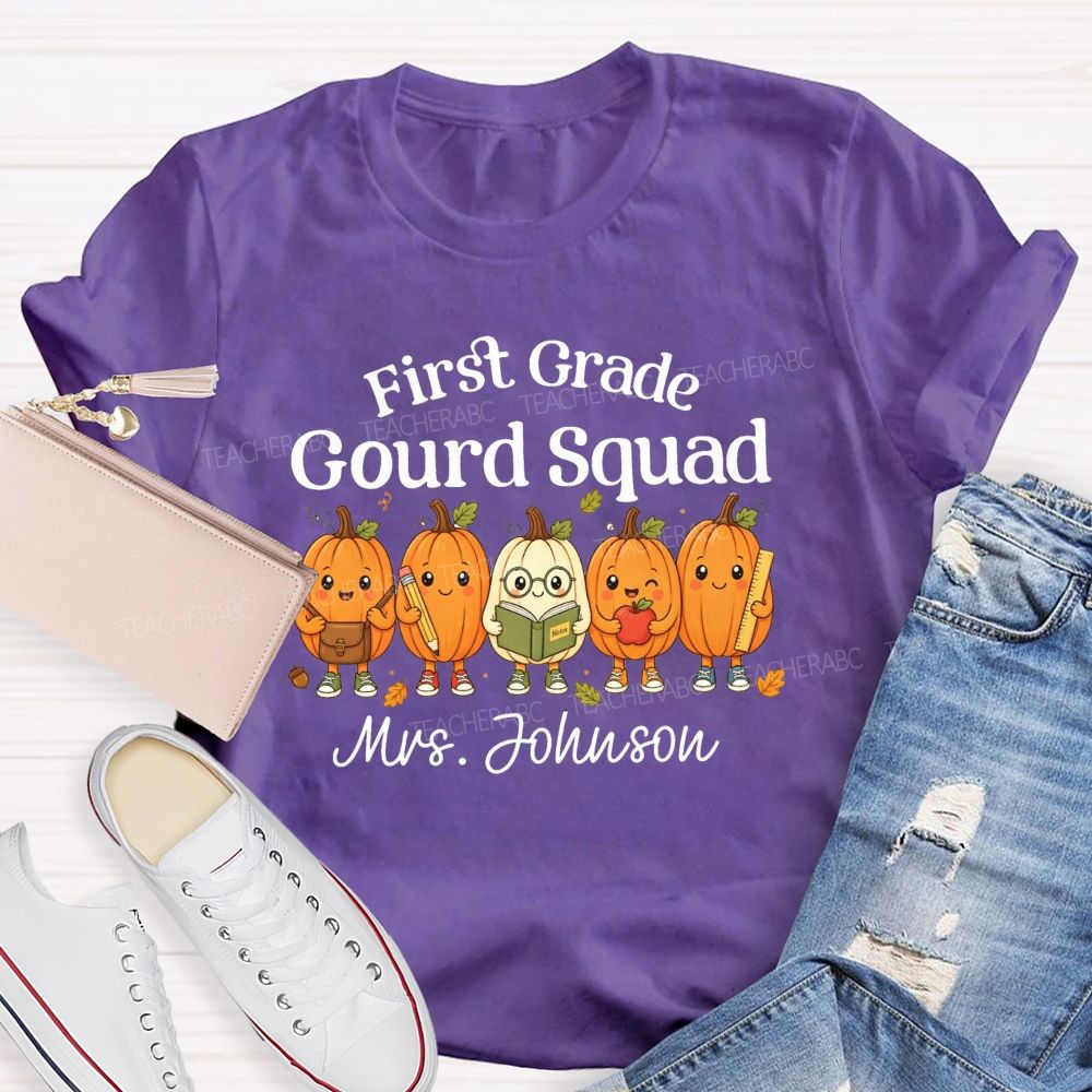 Personalized Name And Grade Gourd Squad Fall Pumpkin Teacher T-shirt