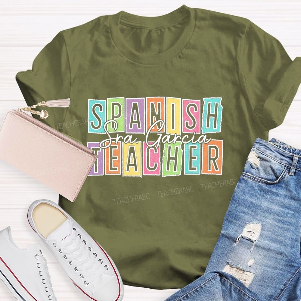 Personalized Name Spanish Teacher Color Block Letter Teacher T-shirt