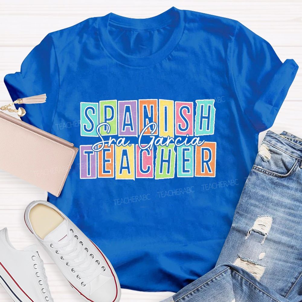 Personalized Name Spanish Teacher Color Block Letter Teacher T-shirt