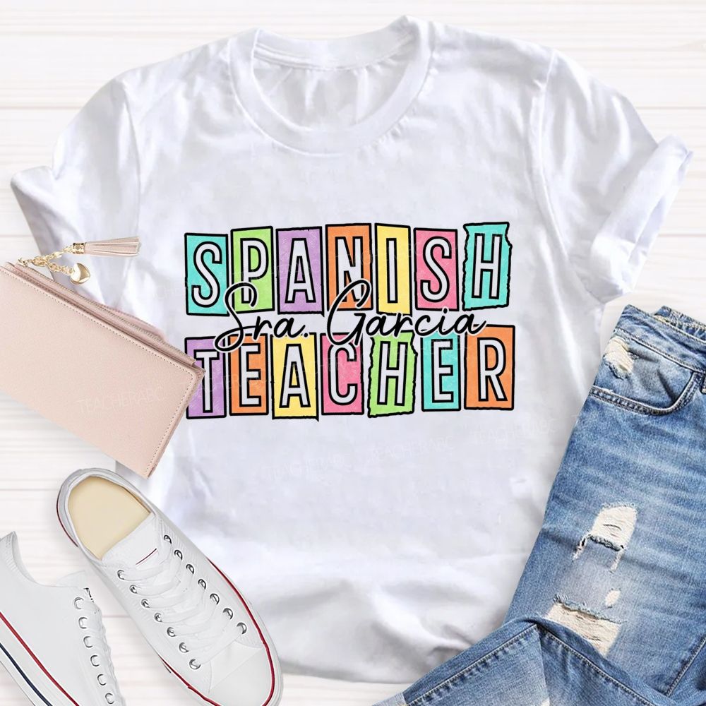 Personalized Name Spanish Teacher Color Block Letter Teacher T-shirt