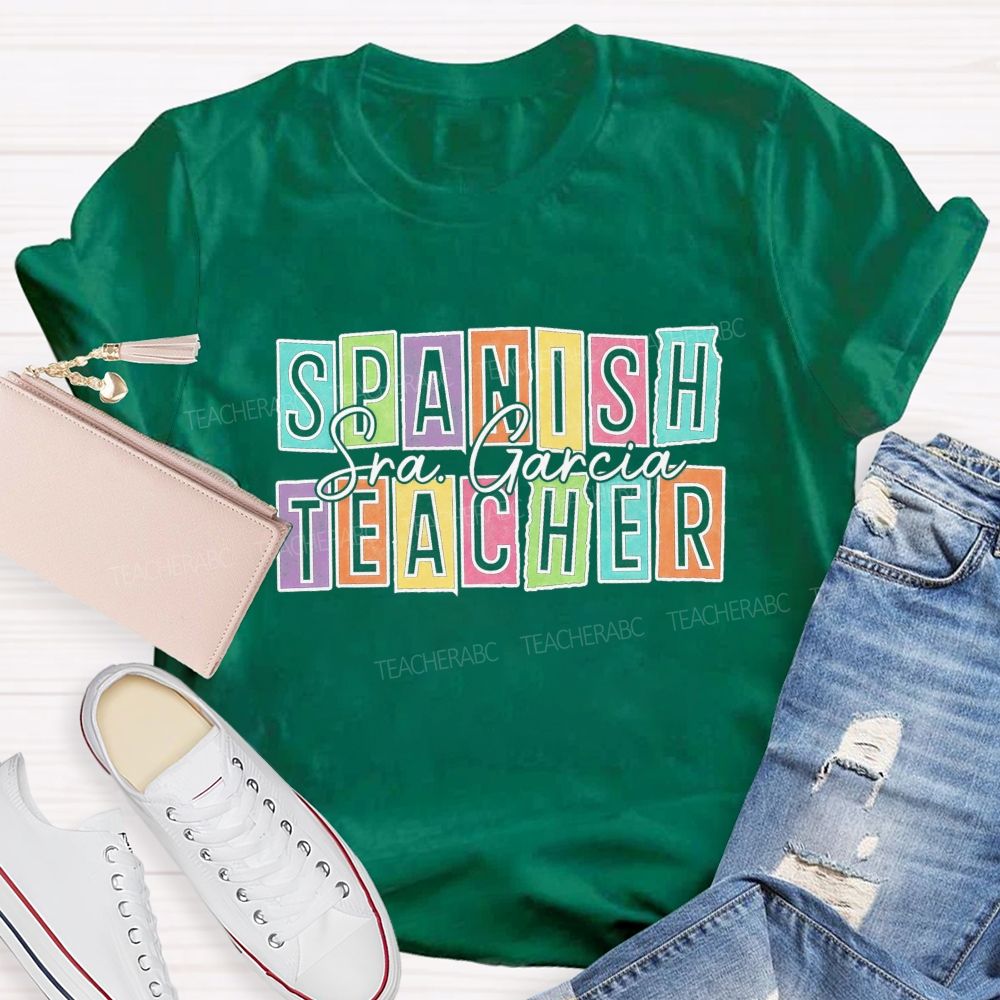Personalized Name Spanish Teacher Color Block Letter Teacher T-shirt