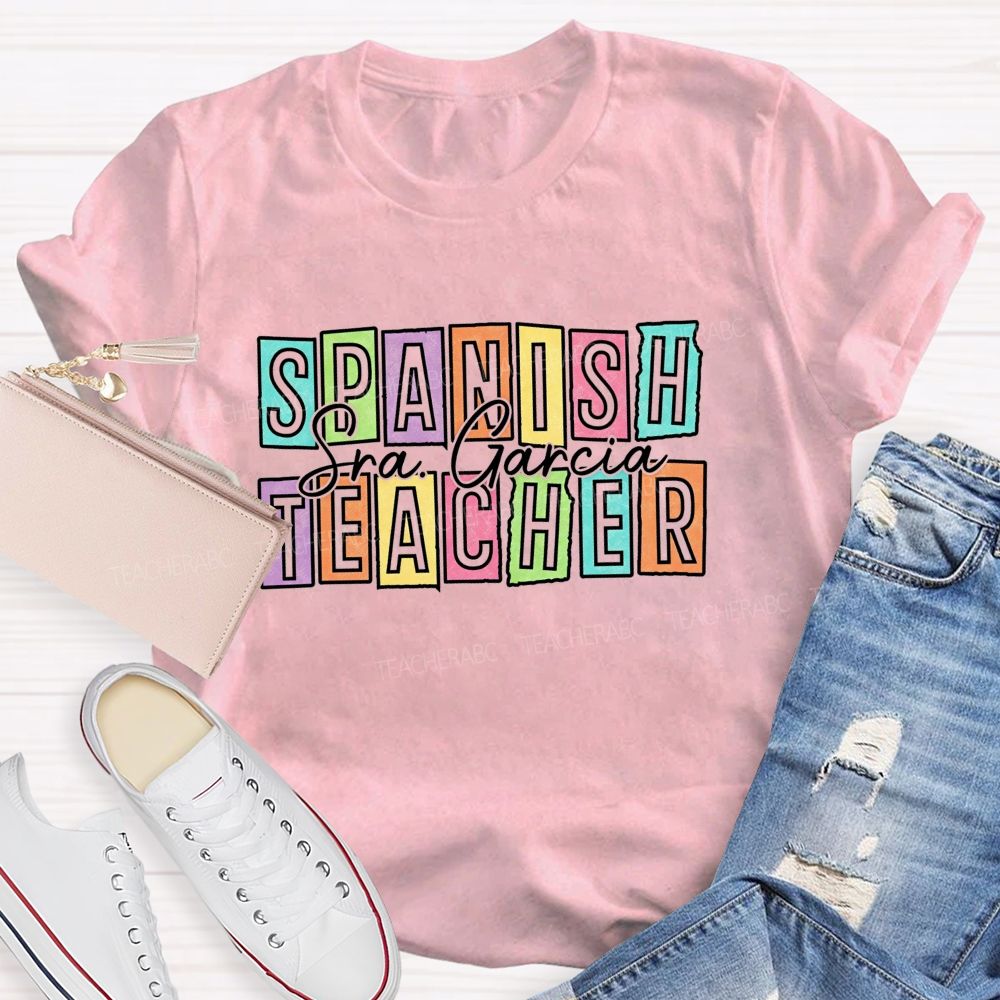 Personalized Name Spanish Teacher Color Block Letter Teacher T-shirt